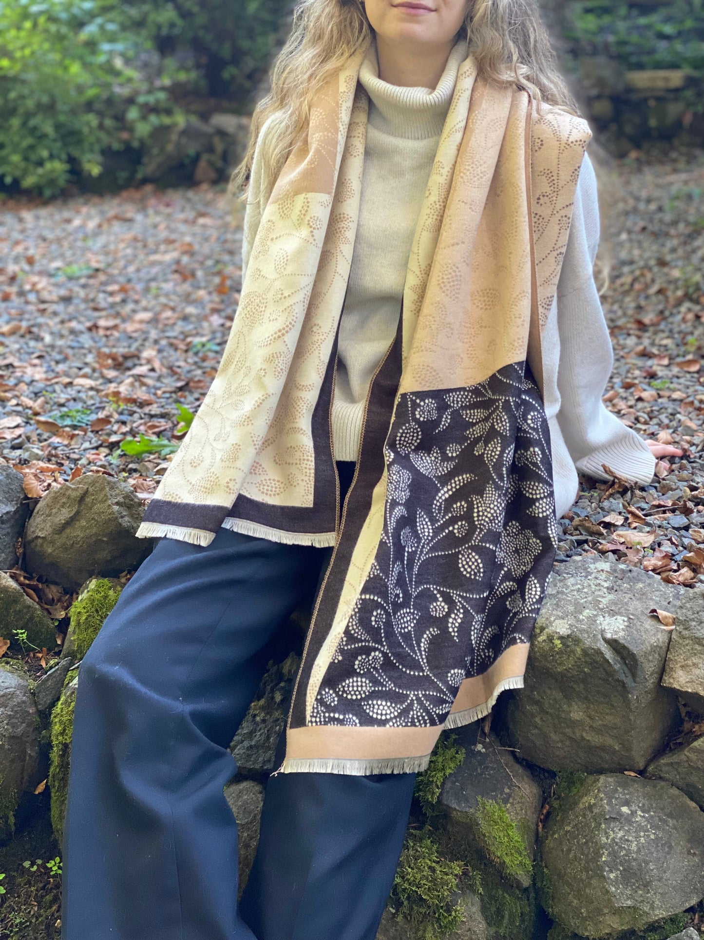 Black/Tan Floral Scarf Wrap