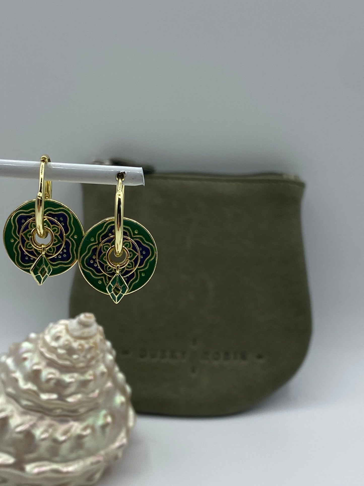 Green Enamel 3 Disk Earrings