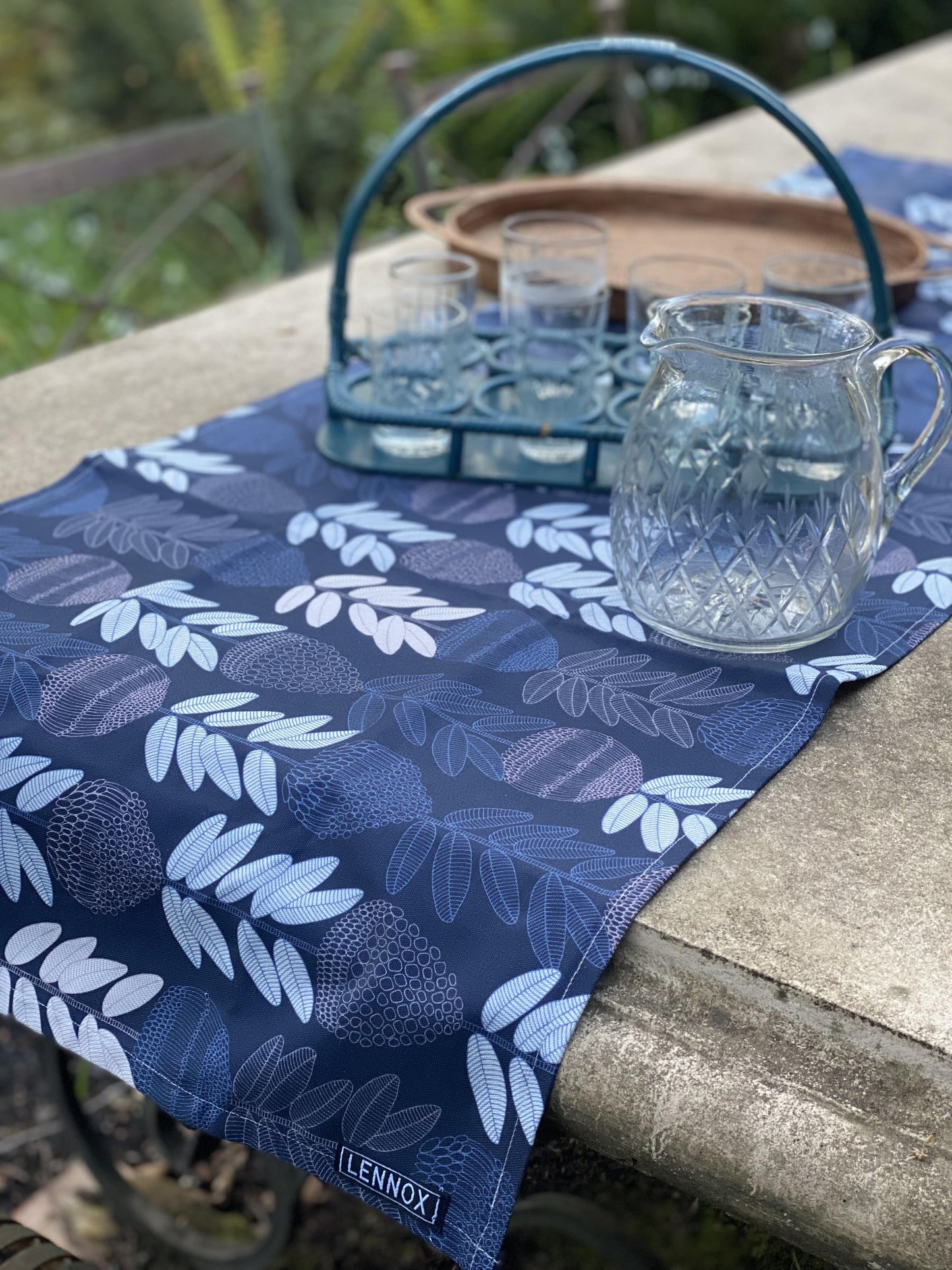 Protea Stem Navy Table Runner/Napkins