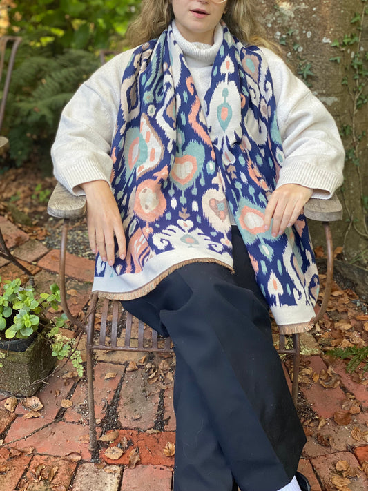 Navy Aztec Pattern Scarf Wrap