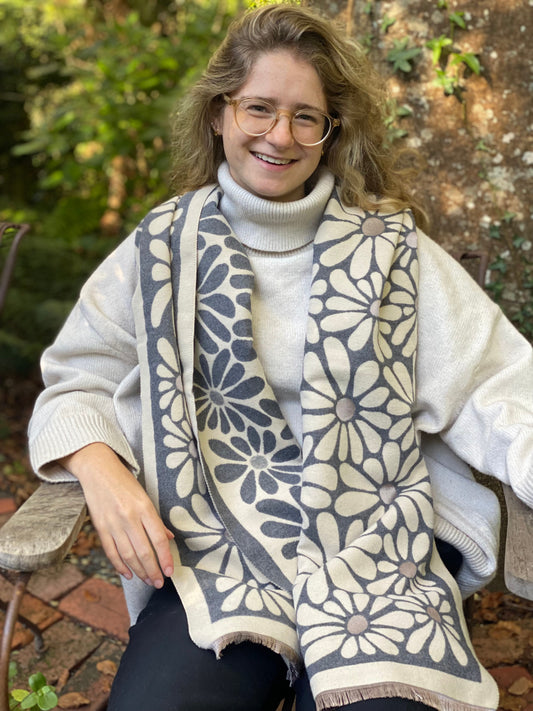 Grey Flower Scarf Wrap